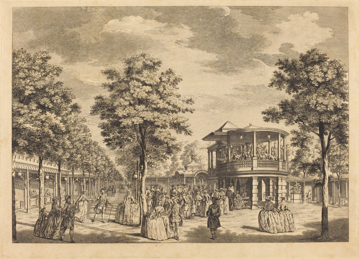 Vauxhall Gardens ukazuje Grand Walk u vchodu do zahrady a orchestr s hraním hudby od Johann Sebastian Müller after Samuel Wale