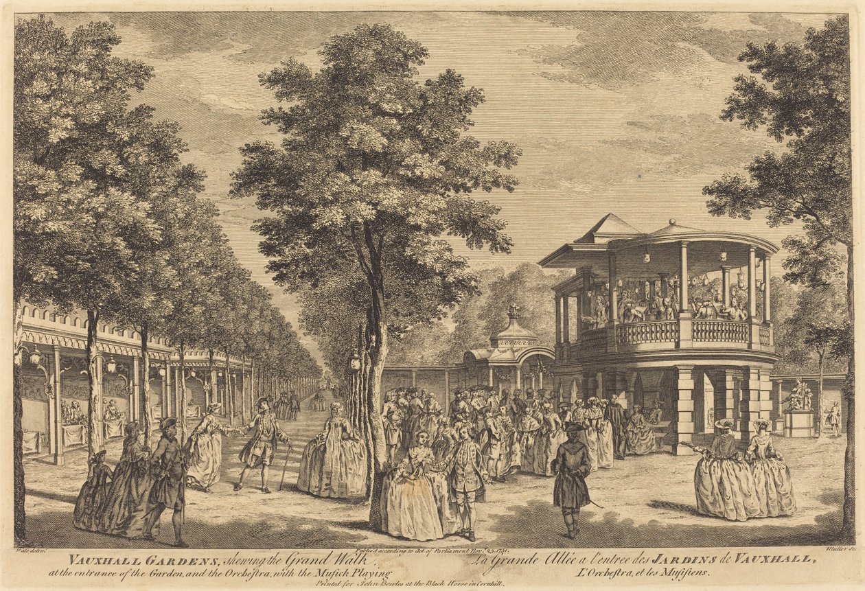 Vauxhall Gardens ukazuje Grand Walk u vchodu do zahrady a orchestr s hraním hudby od Johann Sebastian Müller after Samuel Wale