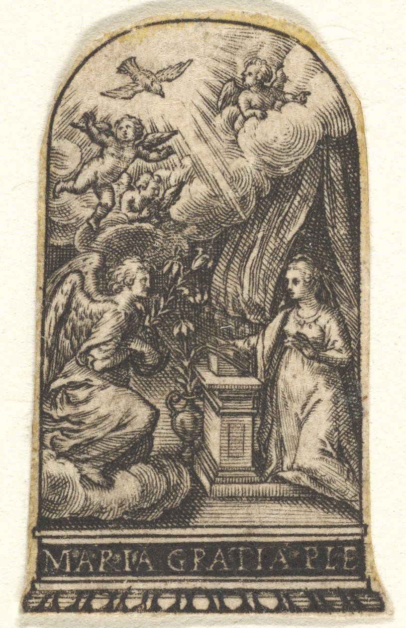 Zvěstování, Marie klečí u řečnického pultu, když se Gabriel blíží na obláčku z ..., ca. 1580-1600. od Johann Theodor de Bry