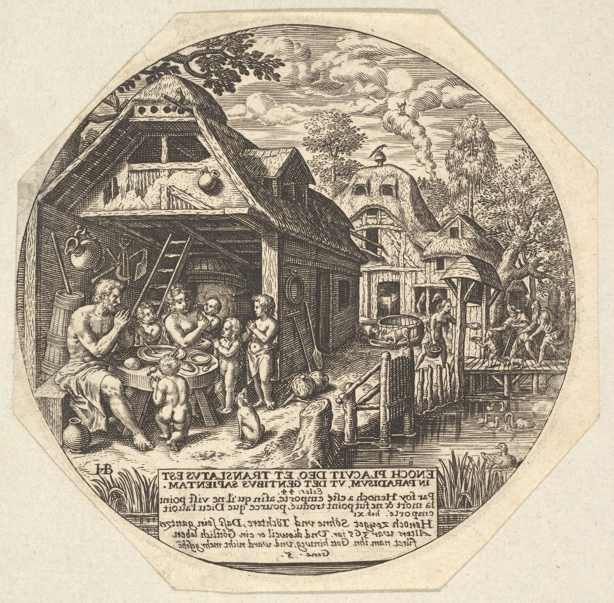 Enoch a jeho rodina obklopili jídelní stůl a drželi se za ruce v gestu..., ca. 1580-1623. od Johann Theodor de Bry