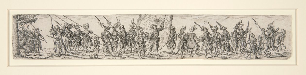 Pochodující vojáci se standardním nosičem od Johann Theodor de Bry