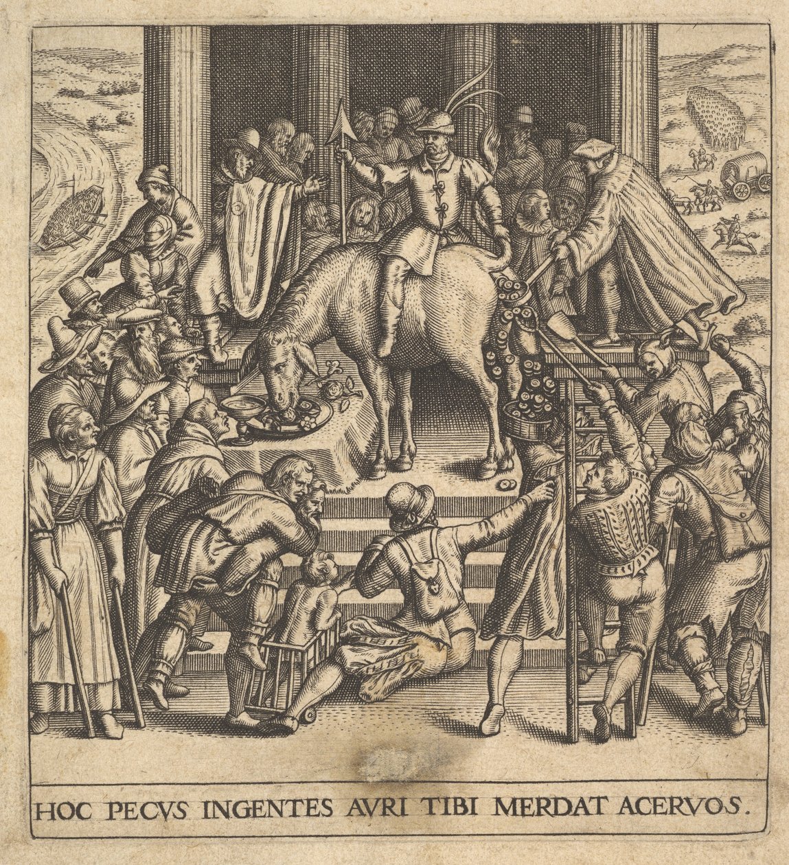 Muži sbírající trus kapající ze zadní části mezka, s jezdcem sedícím u..., 1592-1614. od Johann Theodor de Bry