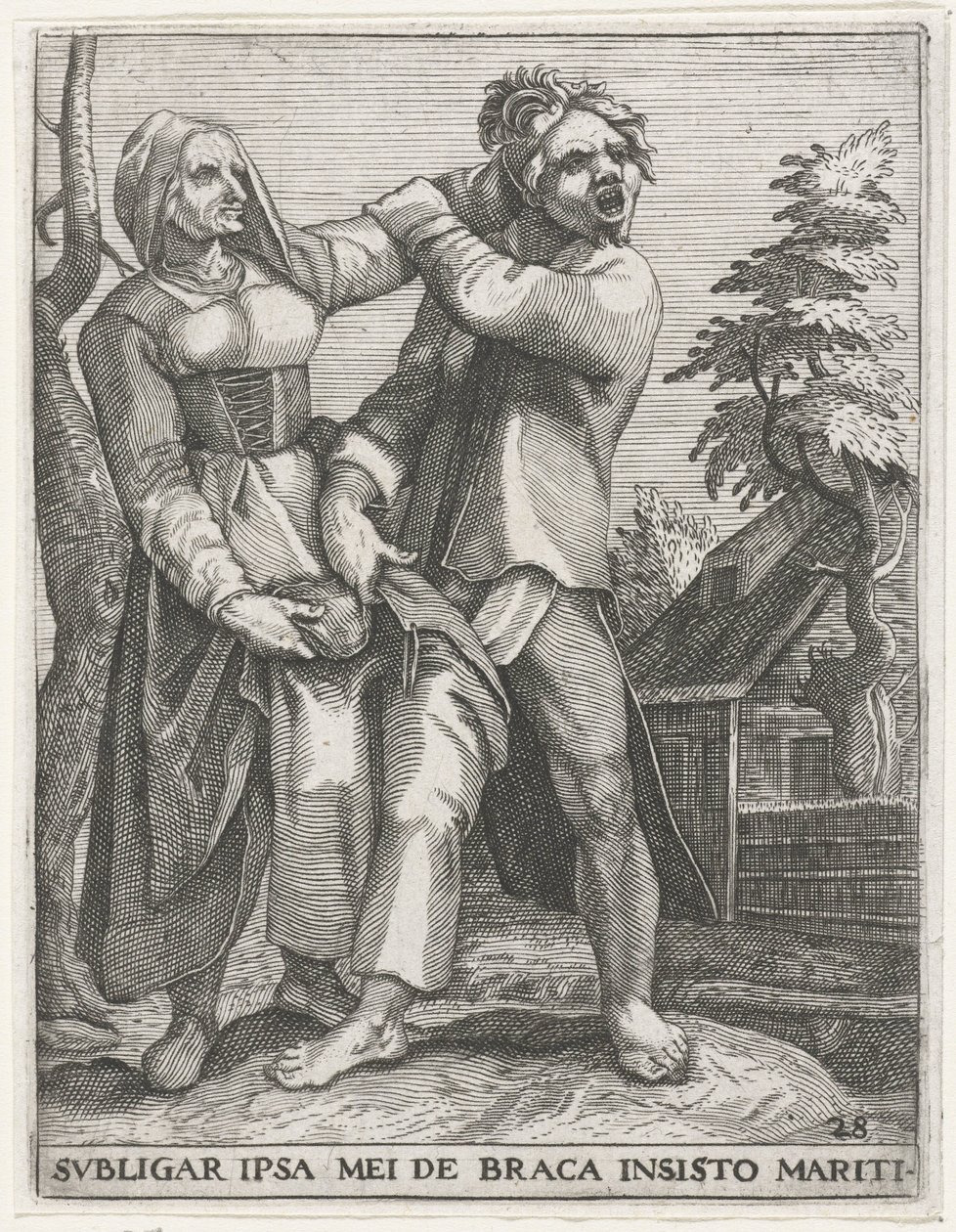 Strijd om de broek ZAVÁŽU SE NA MANŽELOVY NÁSLEDNÉ KALHOTY (nadpis na předmětu) Secular Emblems, 1596 (název série) od Johann Theodor de Bry
