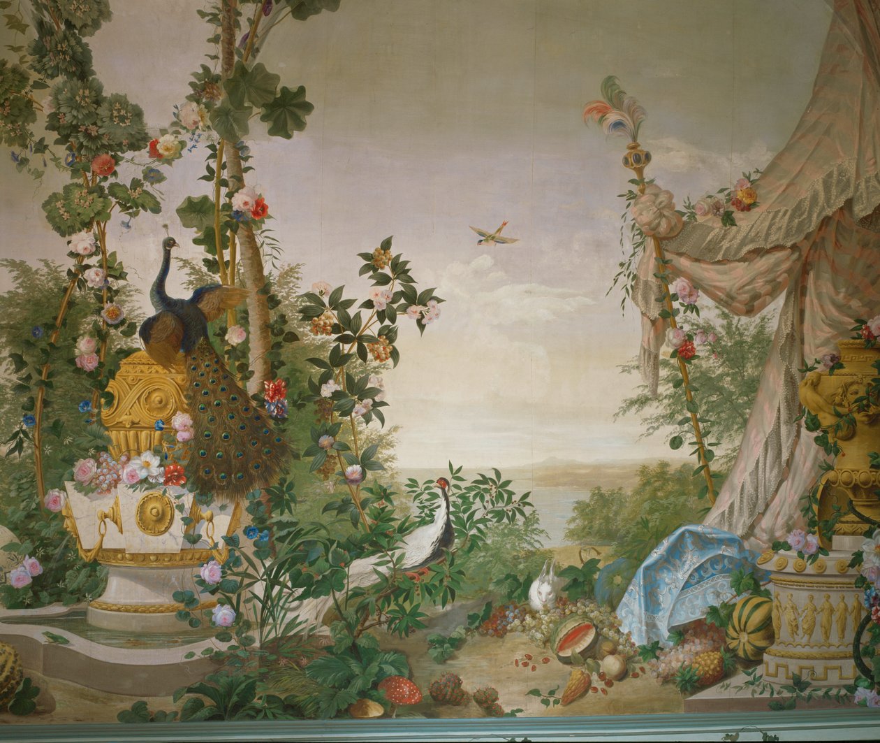 Zahradní scéna s pávem a stanem v zahradním pokoji zámku Schoenbrunn ... od Johann Wenzel Bergl