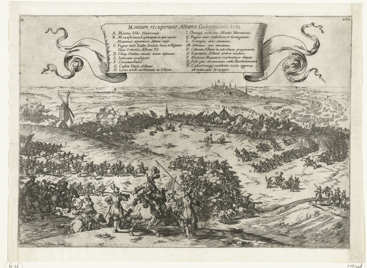 Alva obléhá Bergen v Henegouwen, 1572 Obnova hor, Albano Gubernatore. 1572 (název na objektu) od Johann Wilhelm Baur