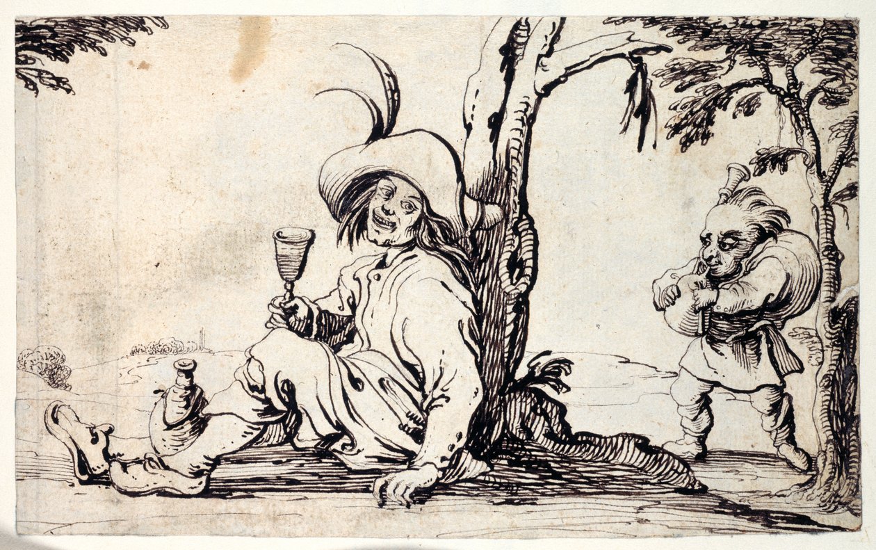 Venkovský sedící a osvěžující se a trpaslík s dudami (pero a inkoust na papíře) od Johann Wilhelm Baur
