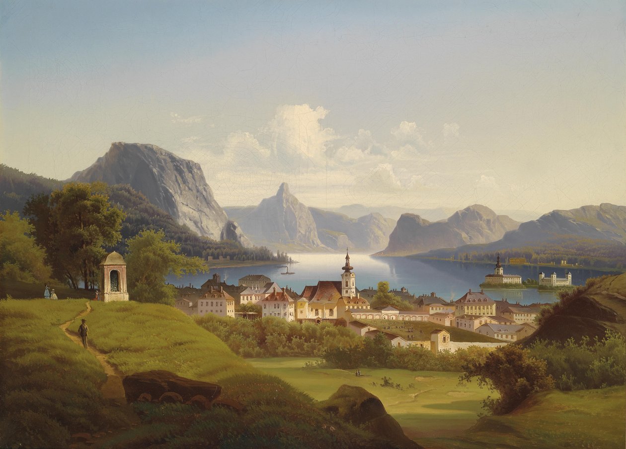 Pohled na Gmunden se zámkem Ort v pozadí, 1870 od Johann Wilhelm Jankowski