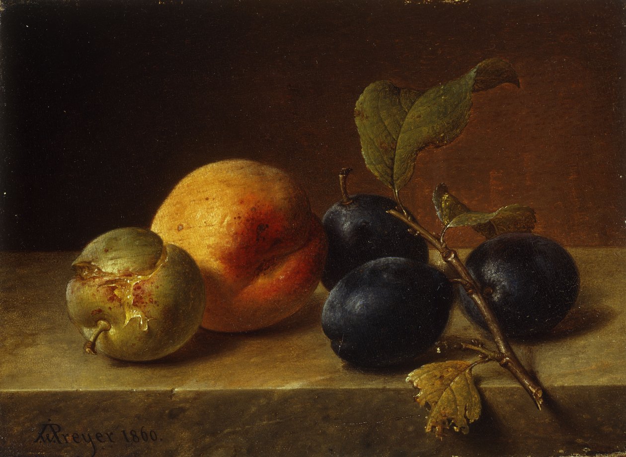 Broskev a švestky na mramorové římse, 1860 od Johann Wilhelm Preyer