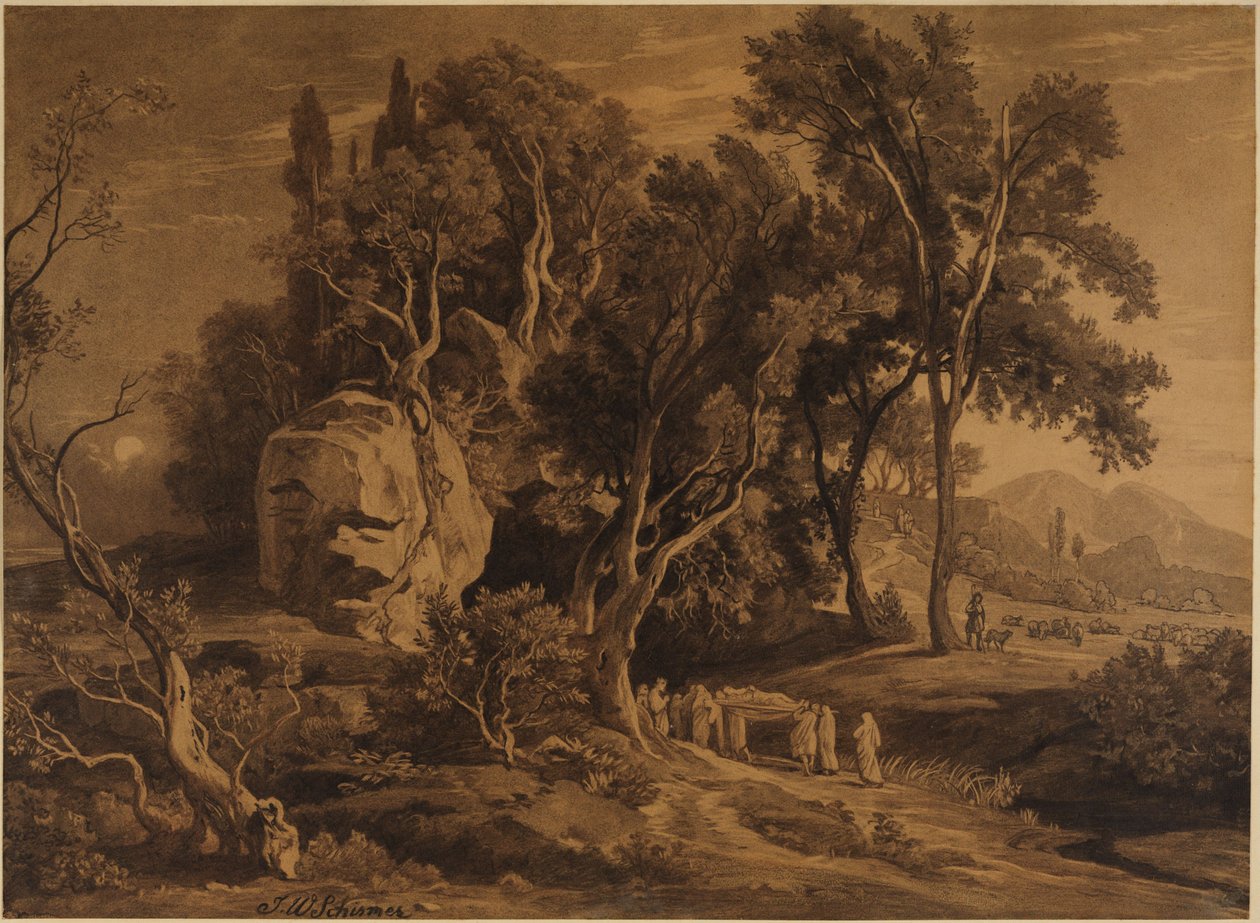 Abrahamův pohřeb v jeskyni v háji Mamre (Genesis 25, 9) od Johann Wilhelm Schirmer