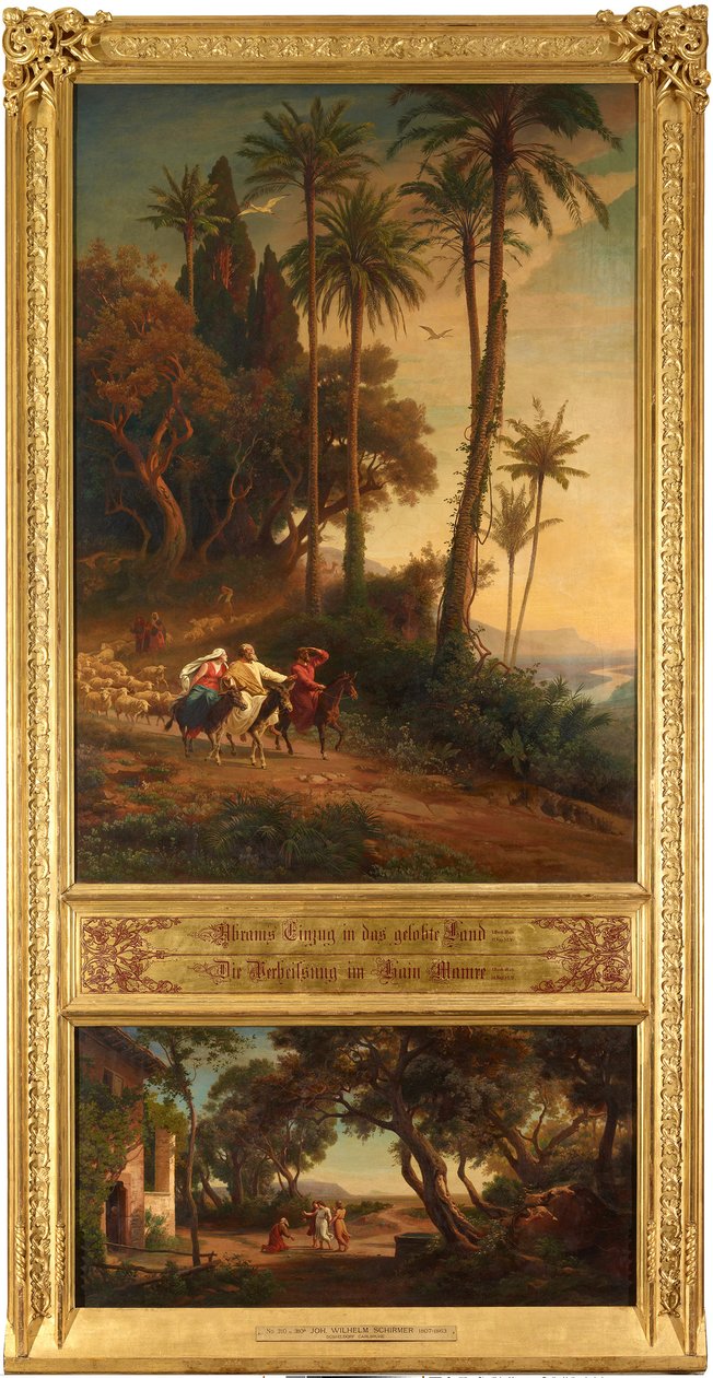 Abrahamův vstup do Země zaslíbené (nahoře). Zaslíbení v Mamreově háji (dole). Z cyklu „Dvanáct biblických krajin s příběhem Abrahama“ od Johann Wilhelm Schirmer