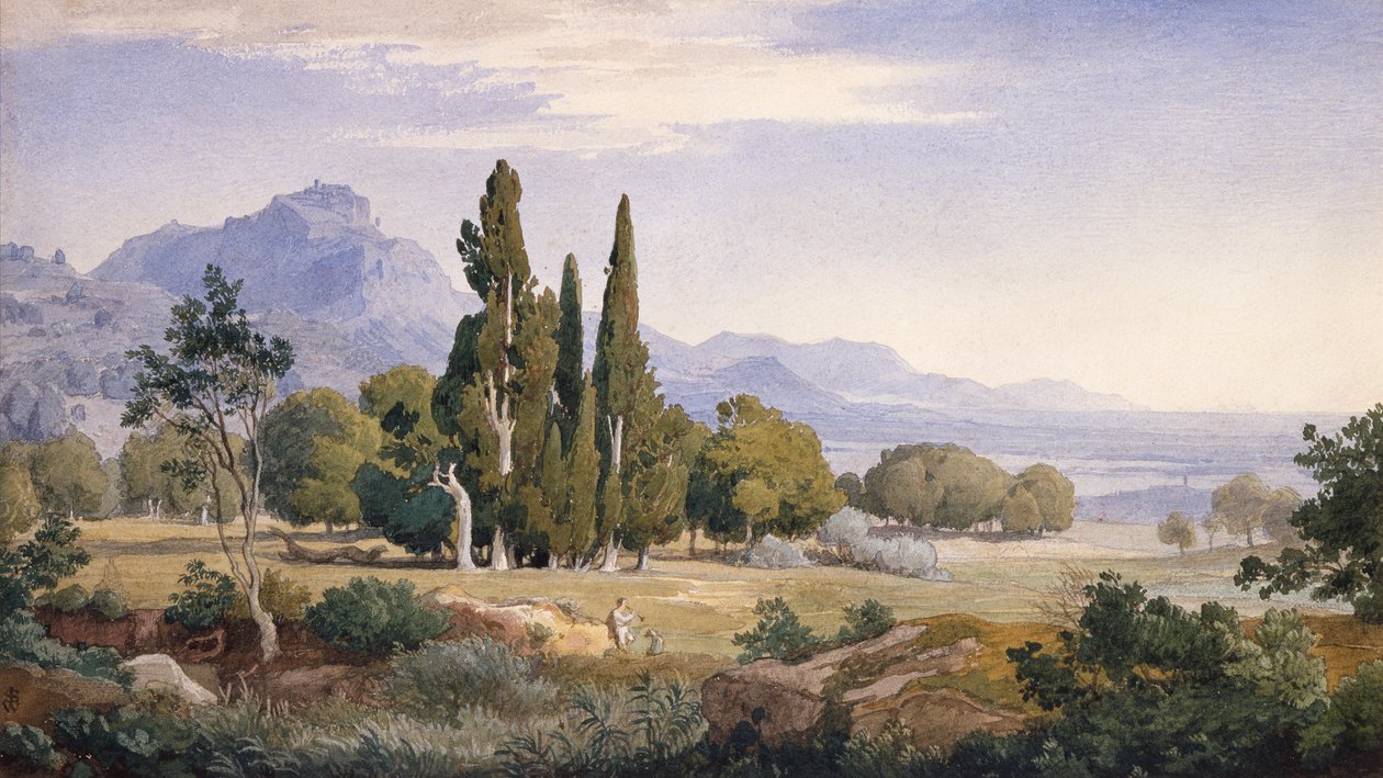 Arkádská krajina (tužka a akvarel) od Johann Wilhelm Schirmer