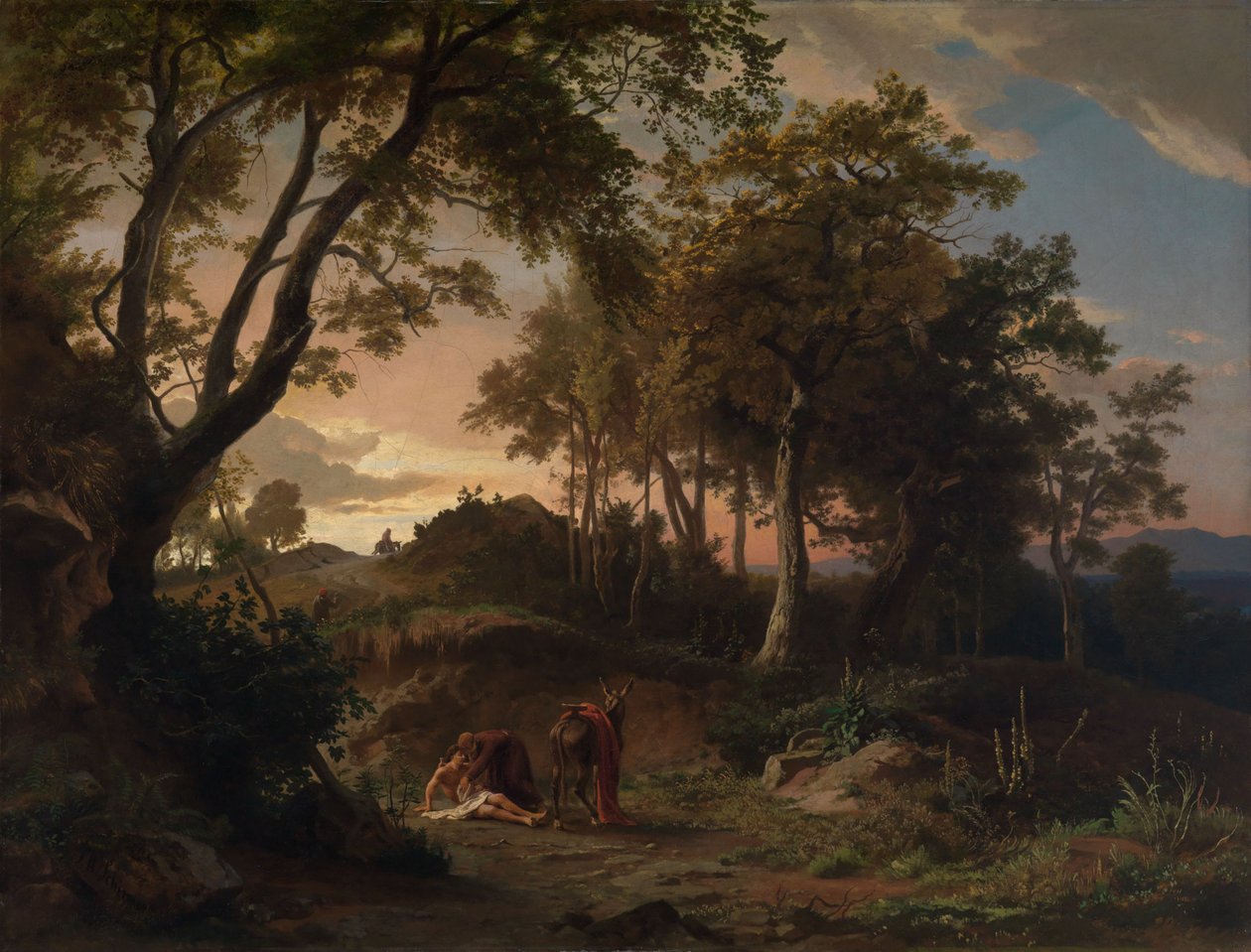 Večer, záchrana zraněného poutníka milosrdným Samaritánem od Johann Wilhelm Schirmer