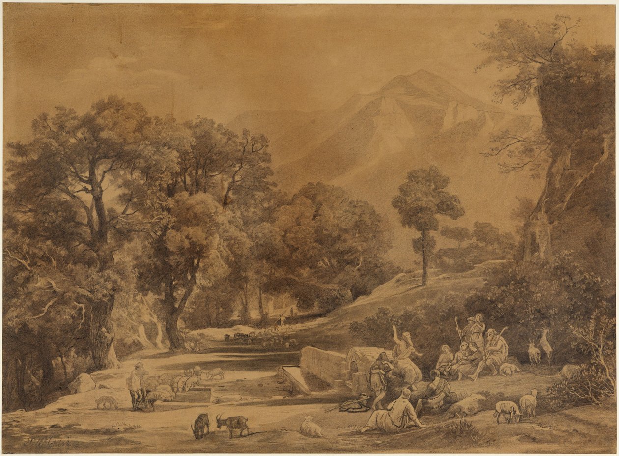 První kázání v Šétově kmeni před pastýři v horách (Genesis 4,26) od Johann Wilhelm Schirmer