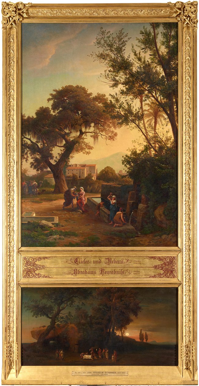 Eliezer a Rebeka u studny (nahoře). Abrahamův pohřeb (dole). Z cyklu „Dvanáct biblických krajin s příběhem Abrahama“ od Johann Wilhelm Schirmer