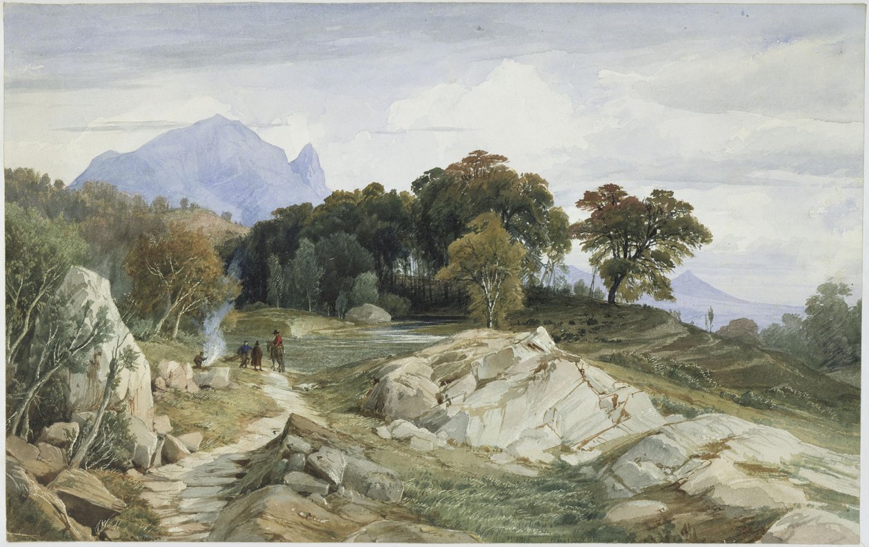 Italská lesní a horská krajina, jezdec a tři muži u ohně od Johann Wilhelm Schirmer