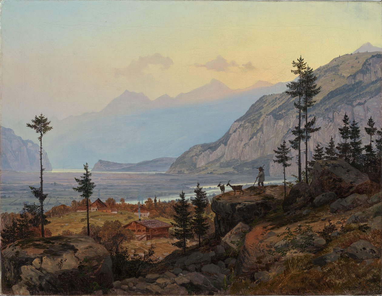 Švýcarská alpská krajina s řekou a jezerem od Johann Wilhelm Schirmer