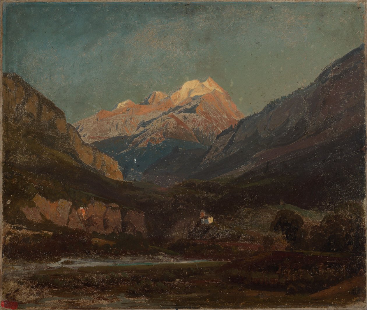 Švýcarská horská krajina s kaplí a vzdáleným zasněženým vrcholem od Johann Wilhelm Schirmer