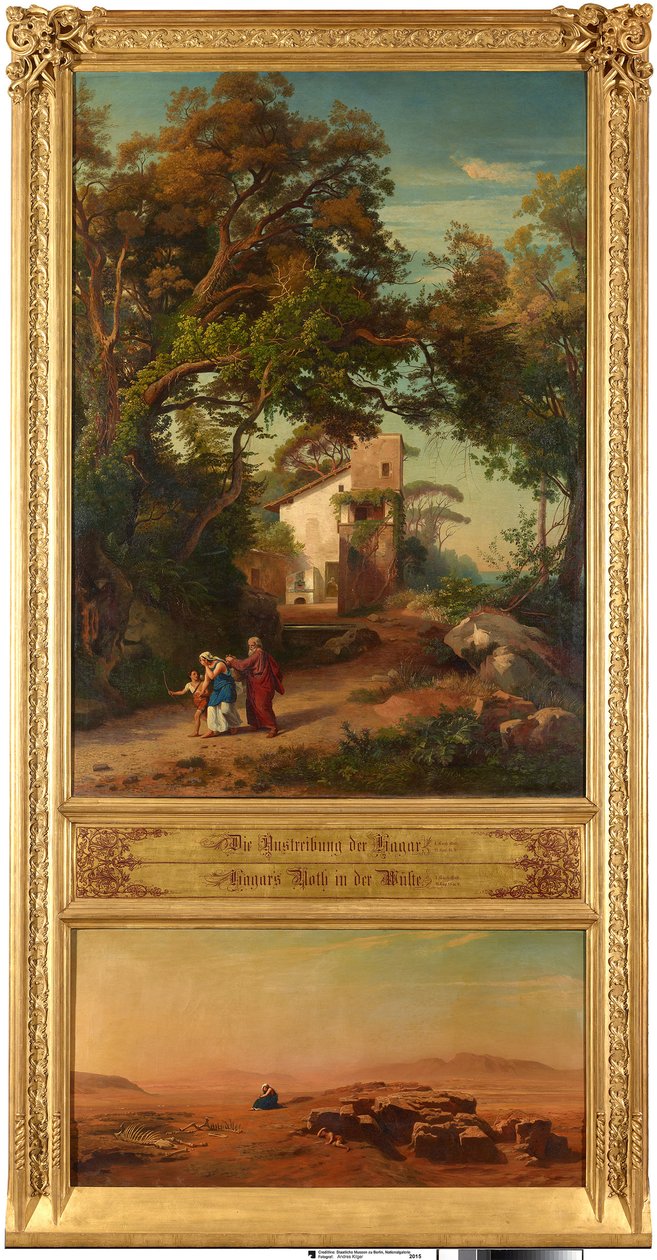 Vyhnání Hagar (nahoře). Hagar v poušti (dole). Z cyklu „Dvanáct biblických krajin s příběhem Abrahama“ od Johann Wilhelm Schirmer