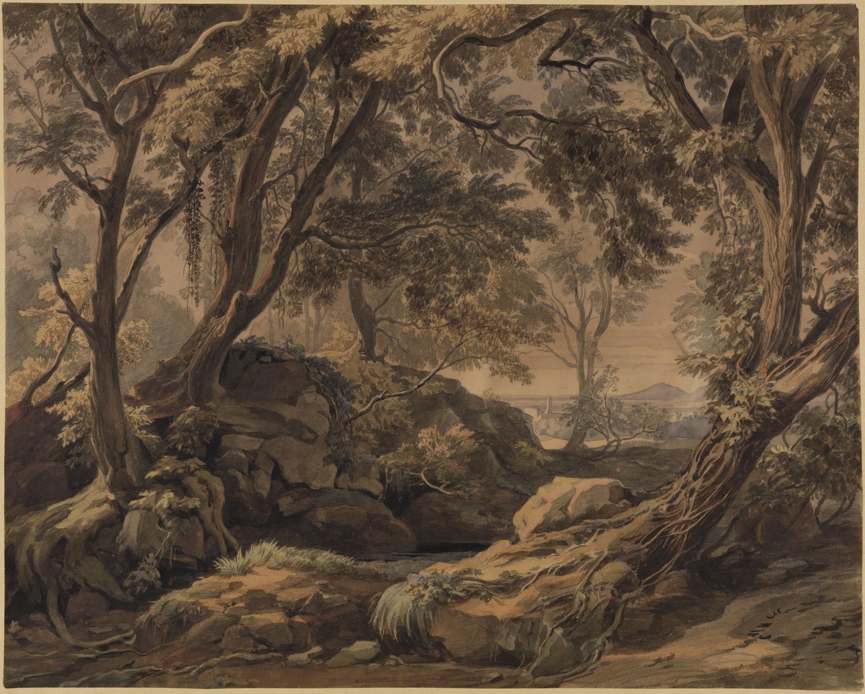 Lesní krajina s pohledem na Olevano a Monte Cavo od Johann Wilhelm Schirmer
