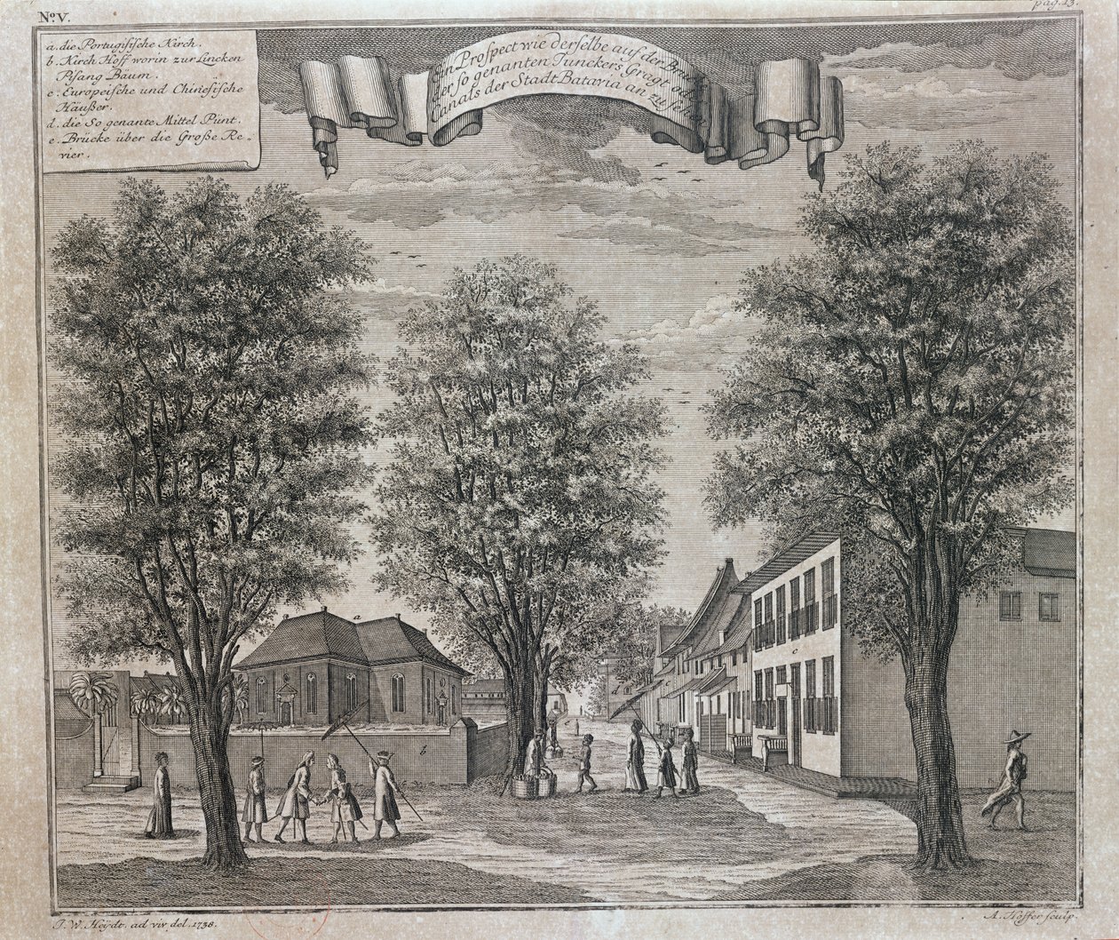 Portugalský kostel a čínské a evropské domy v ulici v Batávii, ze série pohledů Batávie „Schau-platz von Africa und Ost-Indien“, publikovaných v Norimberku v roce 1744 od Johann Wolfgang Heydt