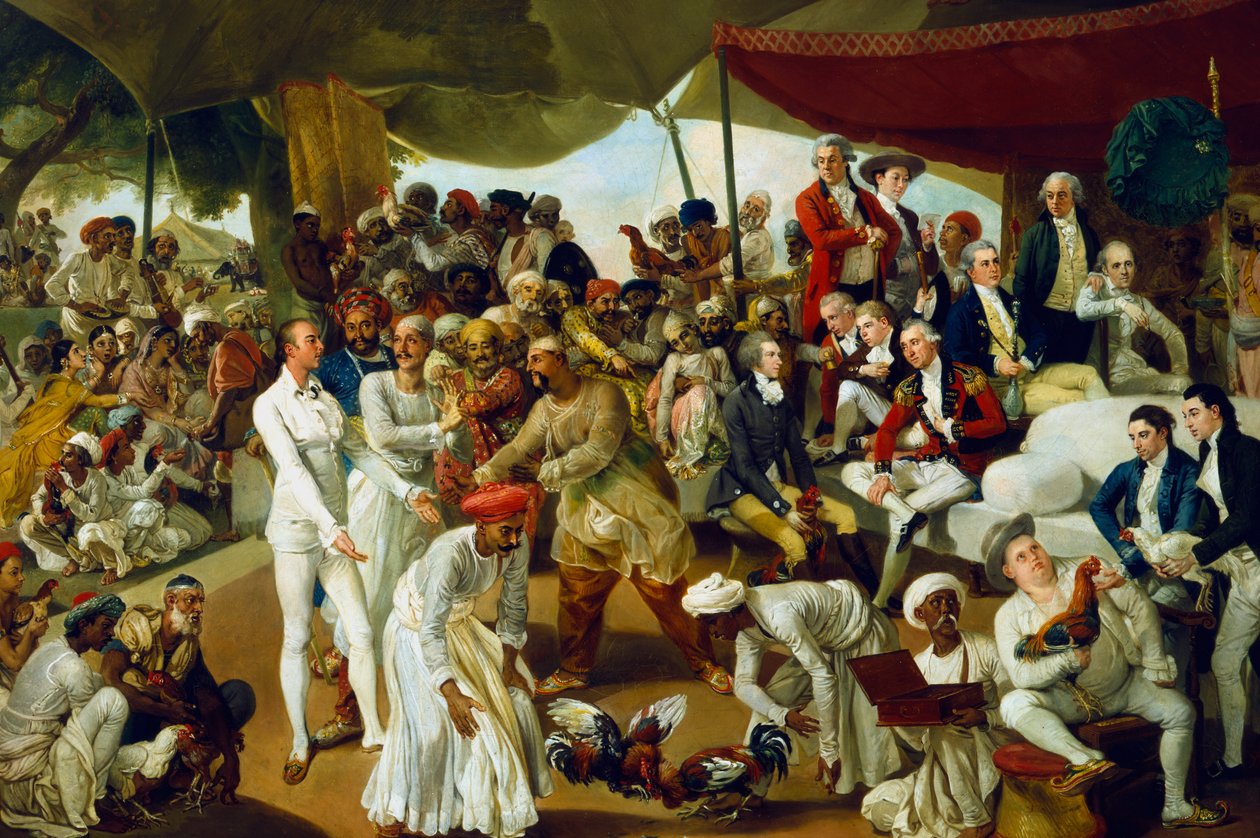 Plukovník Mordaunt sledoval kohoutí zápas v Lucknow, Indie, 1790 od Johan Joseph Zoffany