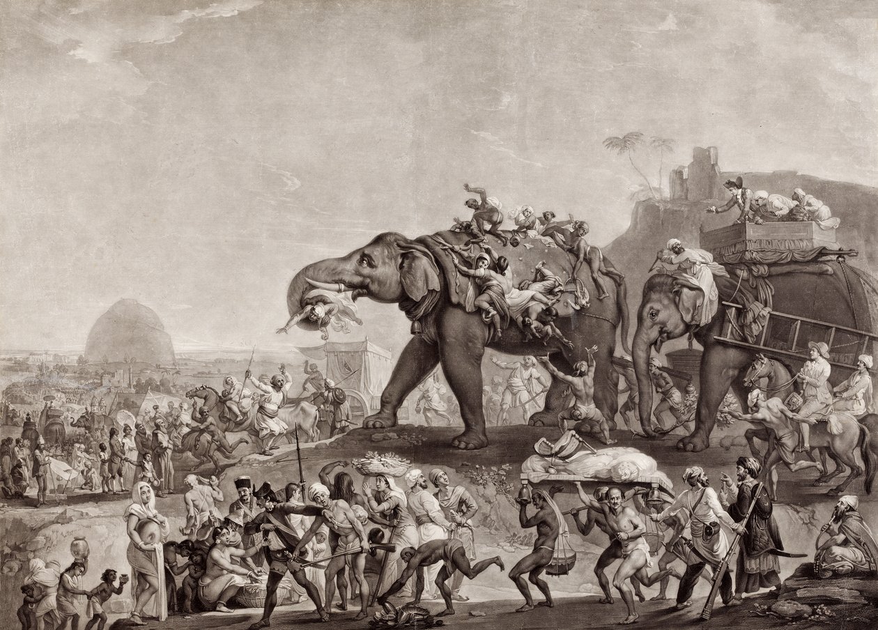 Vyslanectví Hyderbecku do Kalkaty od vezíra z Oude, cestou z Patny, v roce 1788, na setkání s lordem Cornwallisem, vydáno kolem roku 1800 (mezzotinta) od Johan Joseph Zoffany
