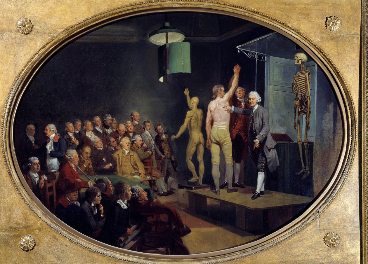 Přednáška Williama Huntera (1718-1783), skotského anatoma na Královské akademii. Obraz Johanna Zoffanyho (1733-1810) Ec. Ang. od Johann Zoffany