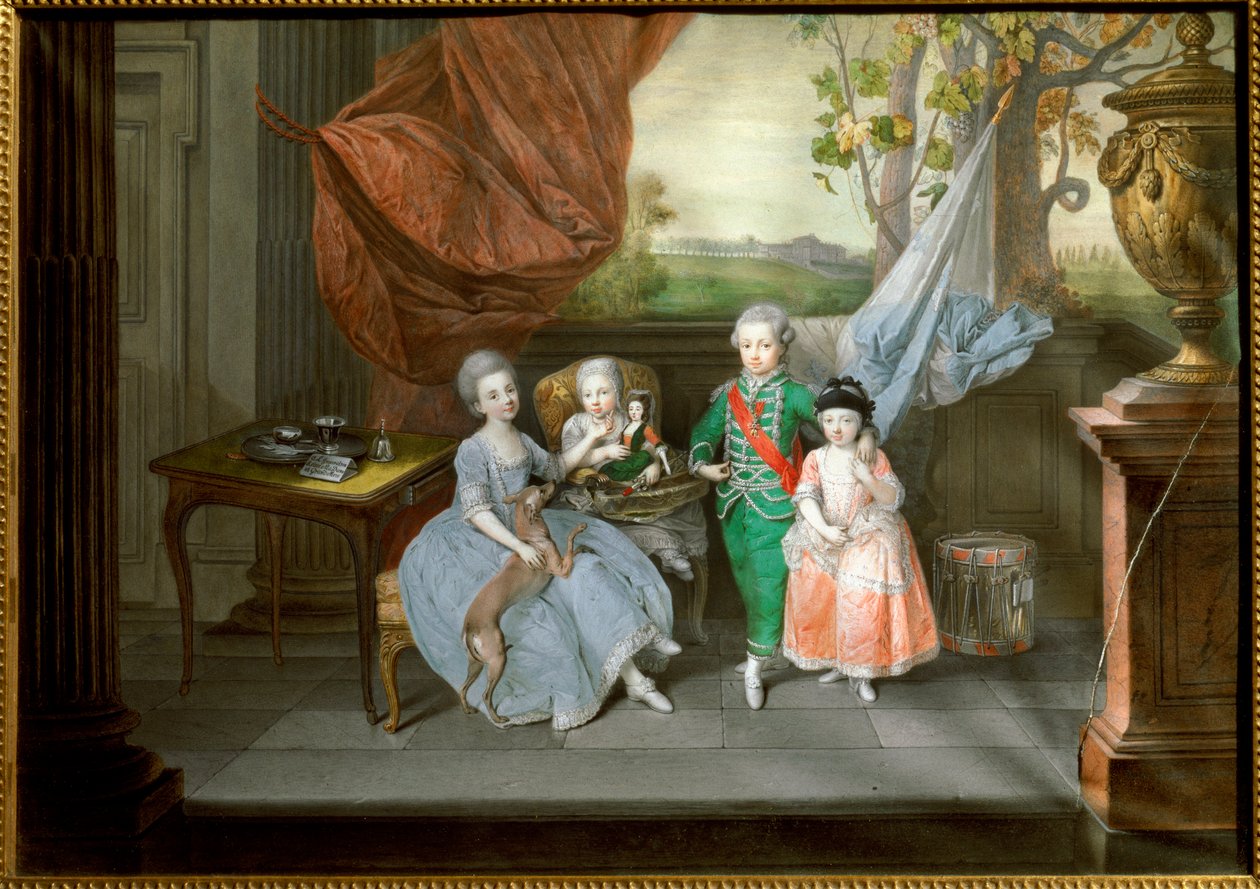 Portrét Ludvíka I. z Etrurie se sestrami Caroline, Marie Antoinettou a Charlotte, kolem roku 1780 (malba) od Johann Zoffany