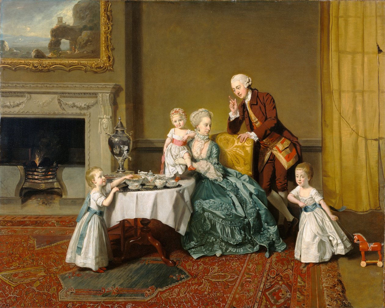 w:John Peyto-Verney, 14. baron Willoughby de Broke (1738-1816), a jeho rodina ve snídaňové místnosti v Compton Verney. Doma v domě Compton Verney House v hrabství Warwickshire, který nechal postavit v letech 1762-8. od Johann Zoffany