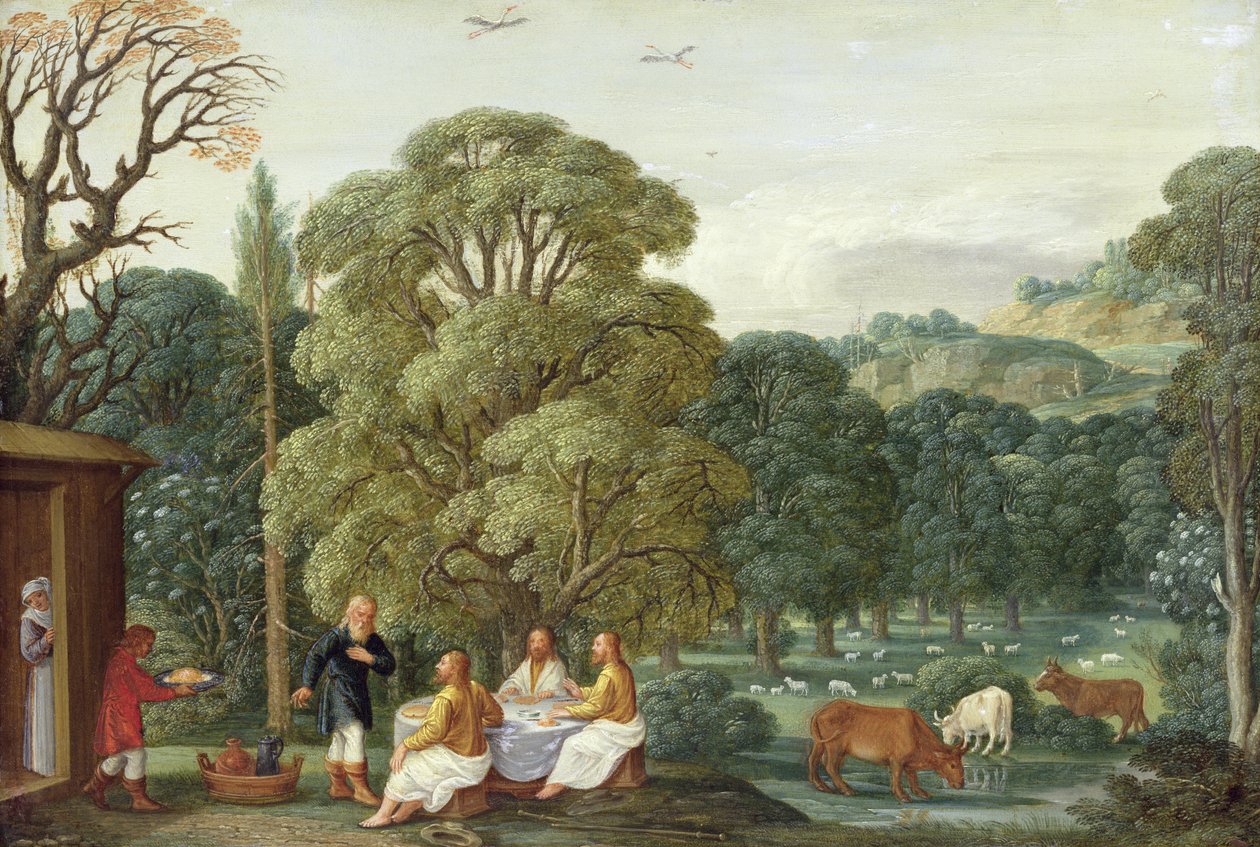 Abraham baví tři anděly (olej na mědi) od Johann or Hans Konig