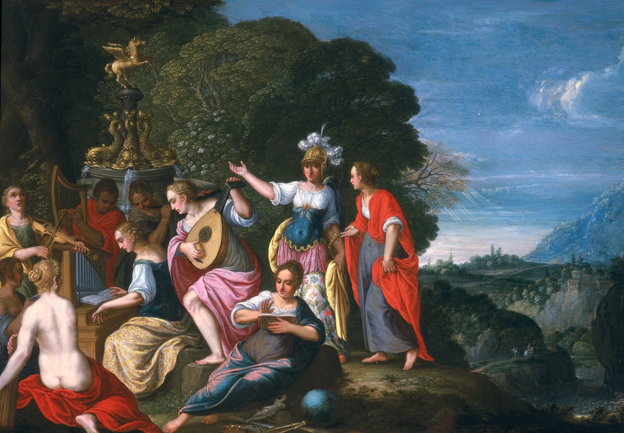 Athéna a devět múz u Wells of Hipokrene, 1624 (olej na mědi) od Johann or Hans Konig