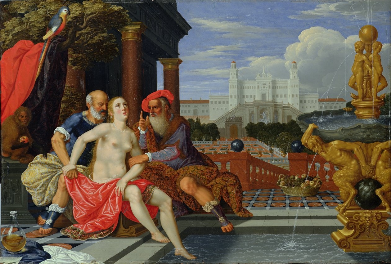 Susanna Bathing (olej na mědi) od Johann or Hans Konig