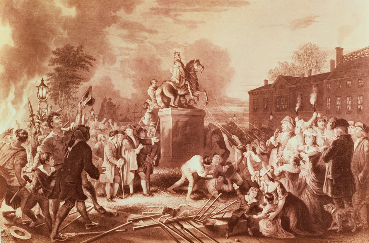 Stržení sochy Jiřího III. v Bowling Green v roce 1776, vyryté Johnem C. McRae od Johannes Adam Simon Oertel
