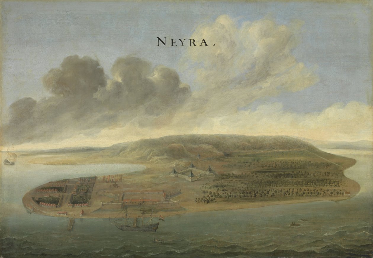 Obchodní stanice holandské východoindické společnosti Banda Neira v jižních Molukách, kolem 1662-3 od Johannes Vinckeboons