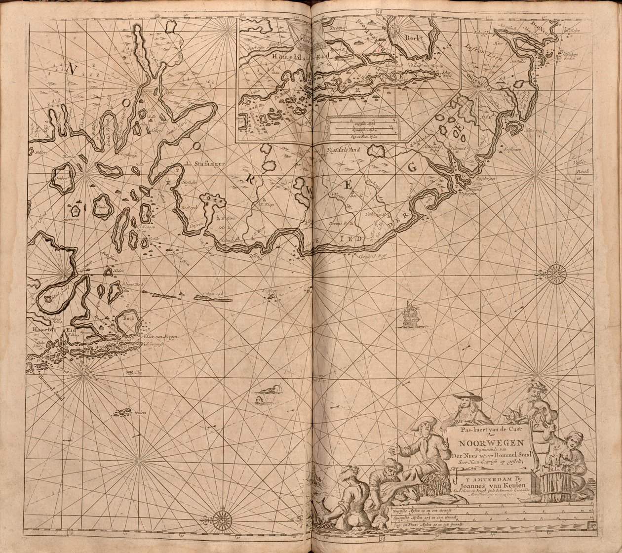 Mapa z mapové sbírky Národní knihovny. Mapa je publikována v () a ukazuje norské pobřeží, Agder, Rogaland od Johannes van Keulen  