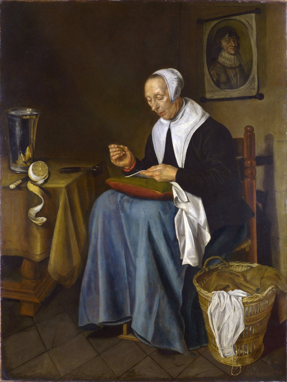 Šití sedící staré ženy od Johannes van der Aeck