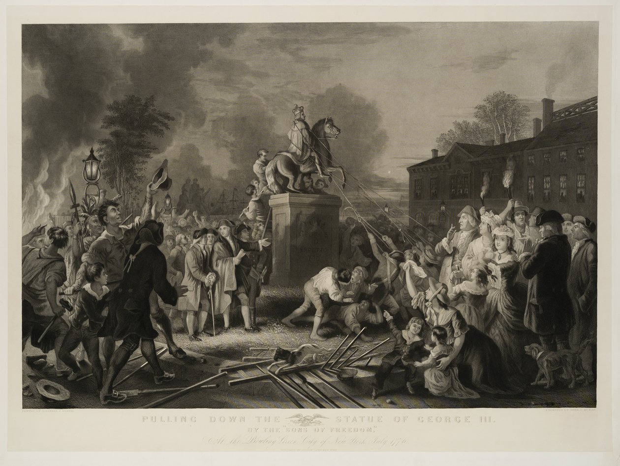 Pulling Down the Socha George III, od Synů svobody, At the Bowling Green, City of New York, červenec 1770, vyrytý John C. McRae, po roce 1853 od Johannes Adam Simon Oertel