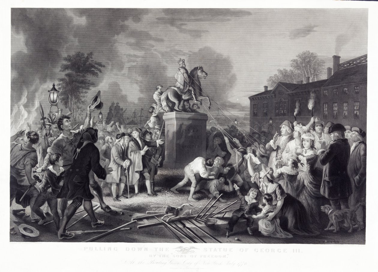 Stržení sochy Jiřího III. od Synů svobody, v Bowling Green, City of New York, červenec 1776, hospoda. 1875 od Johannes Adam Simon after Oertel
