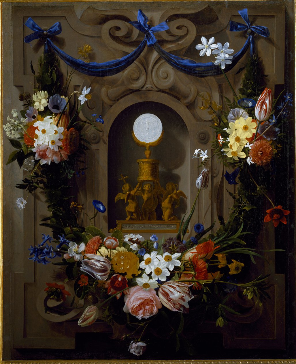 Eucharistie ve věnci z květin (olej na plátně od Johannes Antonius van der Baren