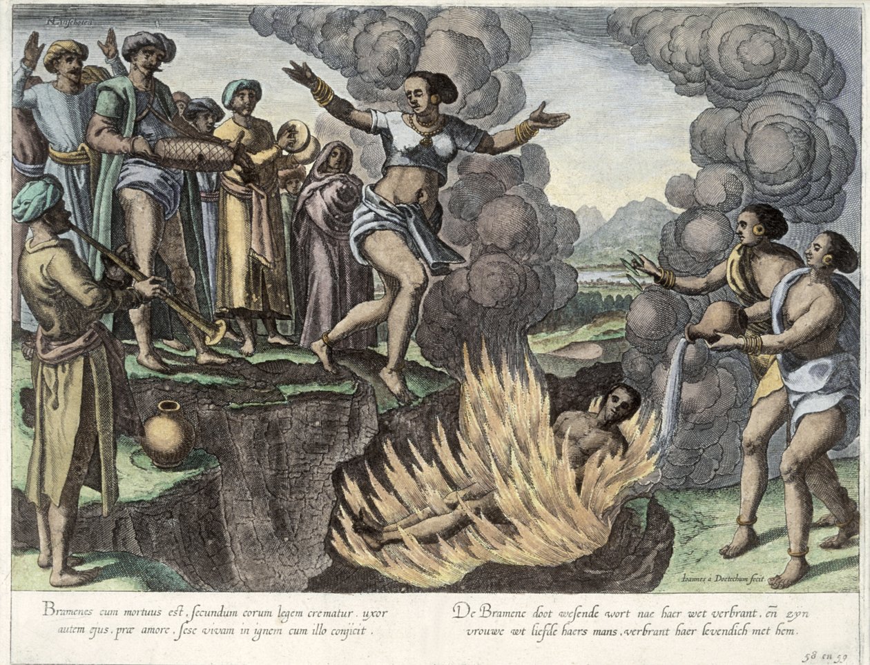 Sati, ilustrace z knihy "Jan Huyghen van Linschoten, His Discourse of Voyages into the East and West Indies", 1579-92 (barevná rytina) od Johannes Baptista van Doetechum the Younger