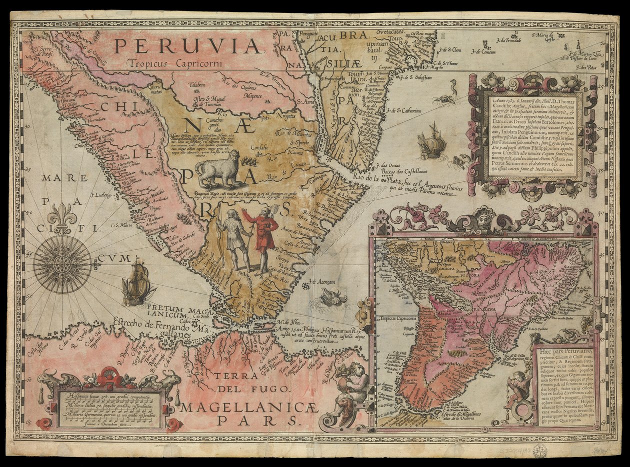 Jižní cíp Peru, Jižní Amerika, asi 1590 (ručně kolorováno) od Johannes Baptista van the Younger Doetechum