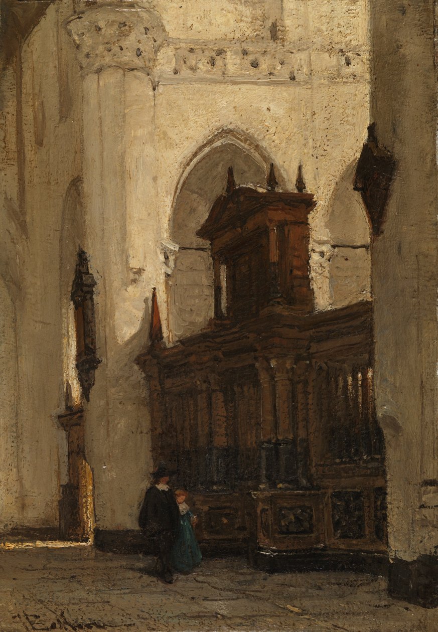 Postavy u chórové zástěny v Nieuwe Kerk, Delft, asi 1839-91 (olej na desce) od Johannes Bosboom