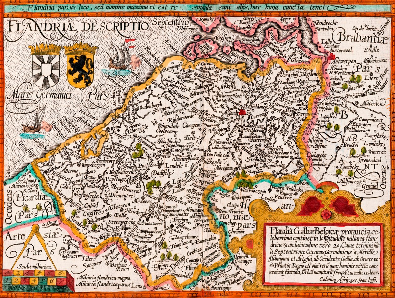 Mapa Flander podle kartografa Matthiase Quada z jeho „Fasciculus Geographicus“, později ruční kolorování (barevné rytí) od Johannes Bussemacher
