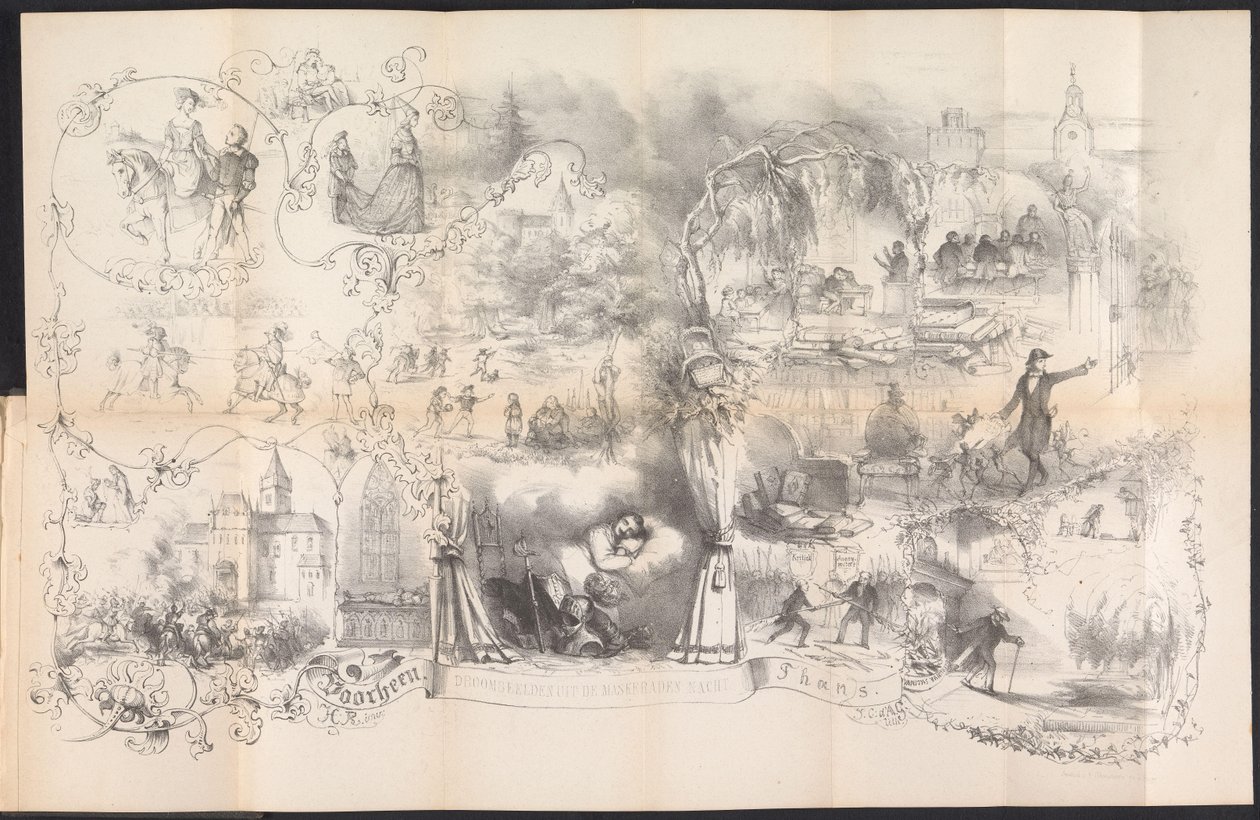 Karikatura ve studentském almanachu v Leidenu, 1856 Sny z maškarní noci (název na předmětu) od Johannes Christiaan d