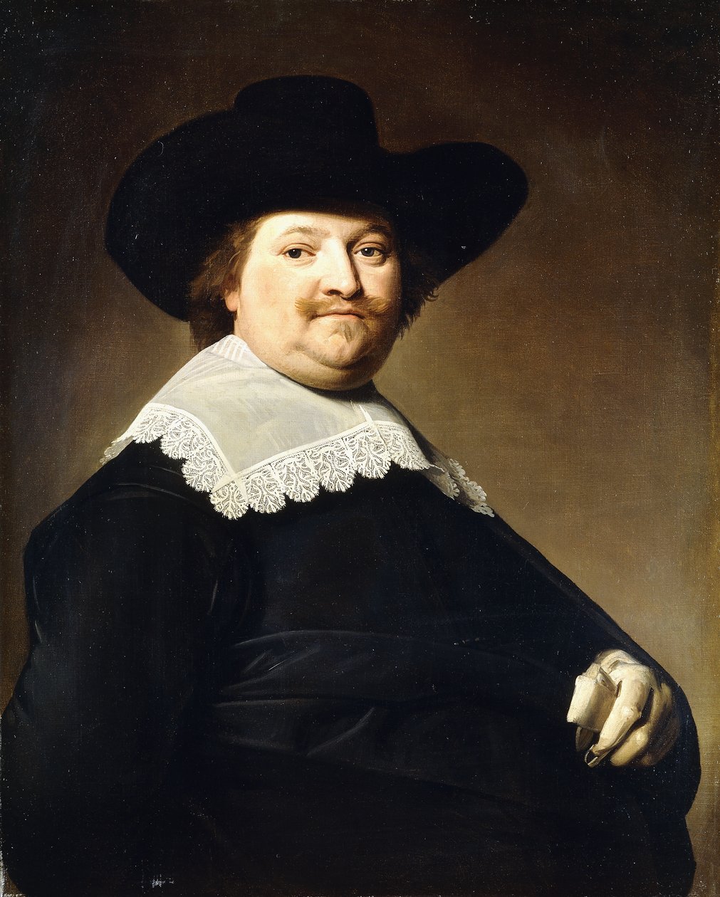 Portrét polodlouhého gentlemana v černém kostýmu s bílým krajkovým límcem a černým kloboukem, od Johannes Cornelisz. Verspronck