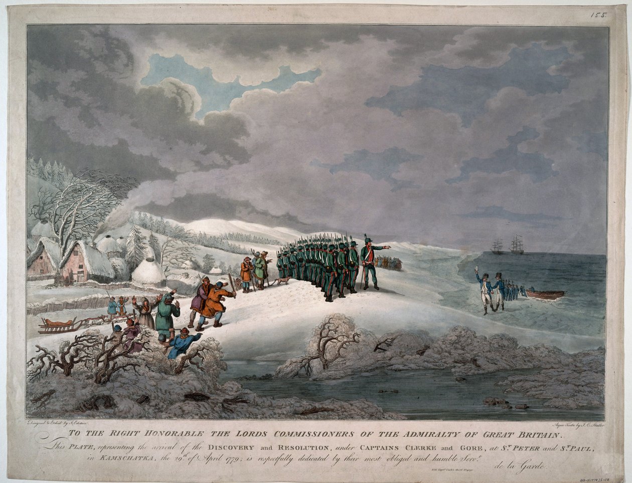 Příjezd Resolution a Discovery na východní pobřeží Kamčatky pod vedením kapitánů Charlese Clerkeho (1740-1779) a Johna Gorea (mort en 1790) - Eckstein, Johannes (1735-1817) - 1779 - Aquatint - 51x65,8 - Soukromá sbírka od Johannes Eckstein