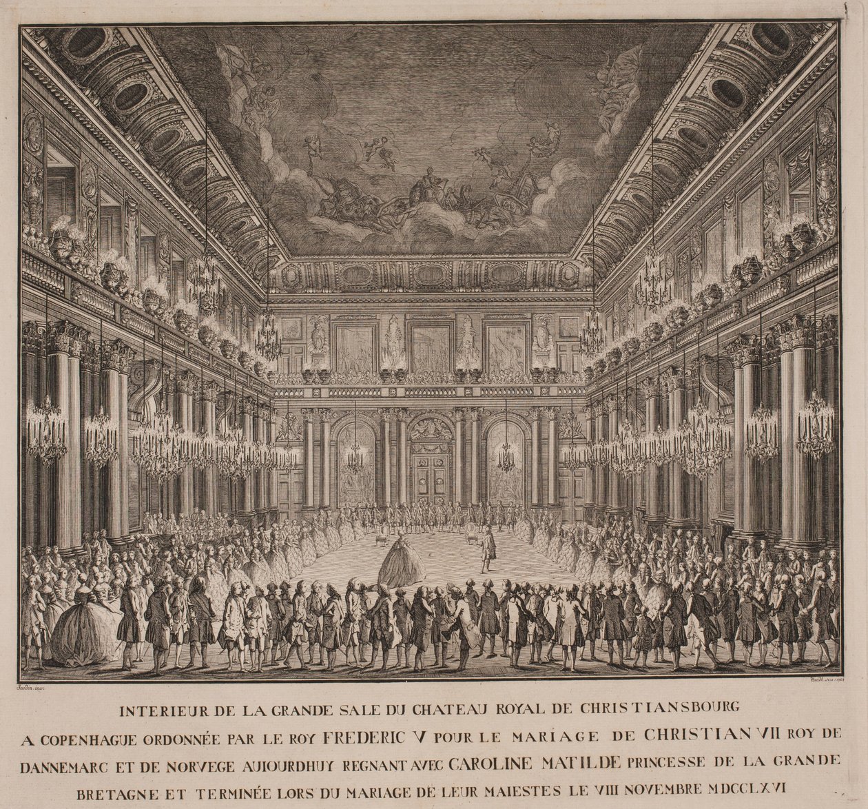 Soudní ples v rytířském sále Christiansborgu na svatbě Christiana VII s Caroline Mathilde od Johannes Gottfred Bradt