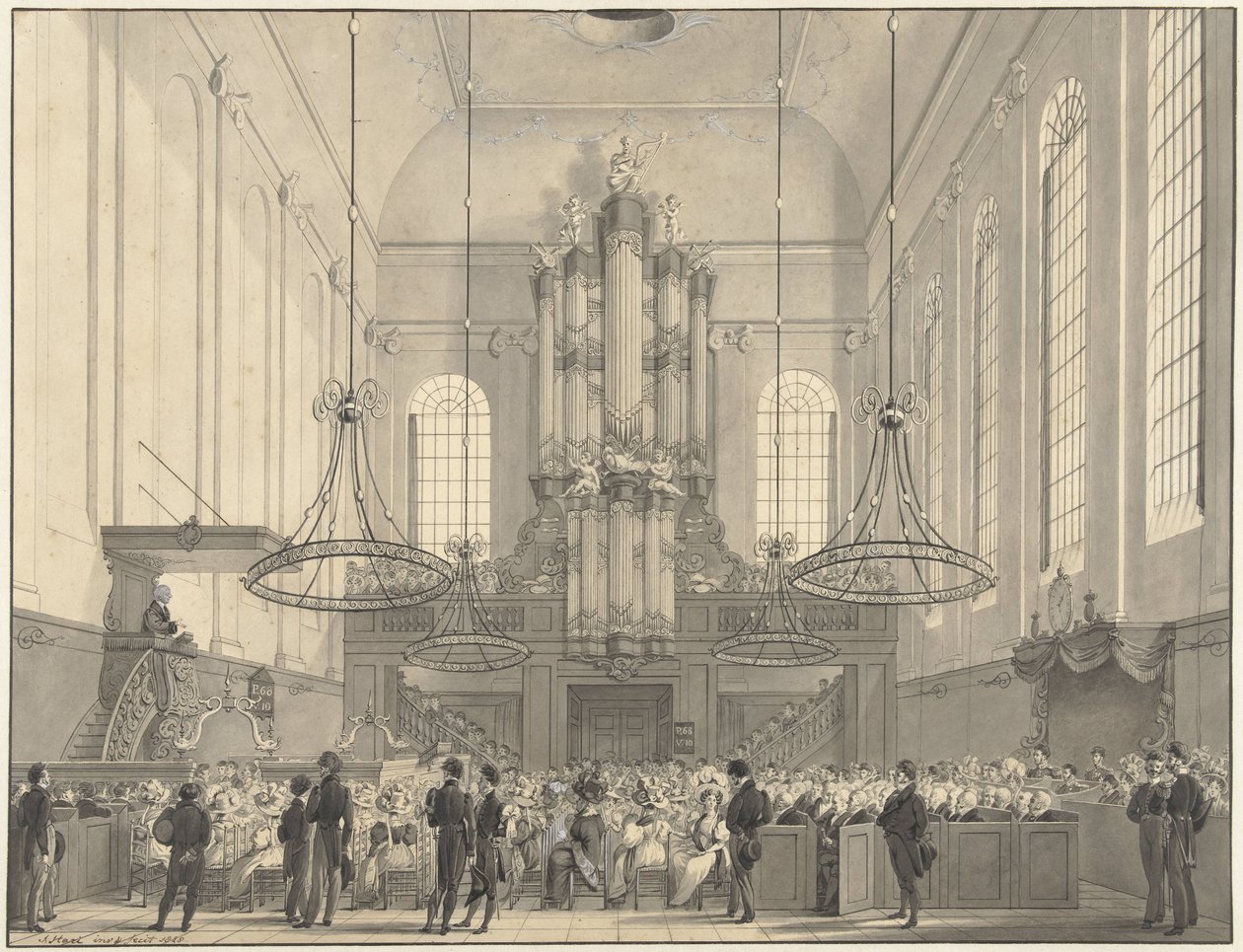 Prof. dr. van der Palm kázání v luteránském kostele v Haagu pro královskou rodinu, 1828 od Johannes Hari (I)