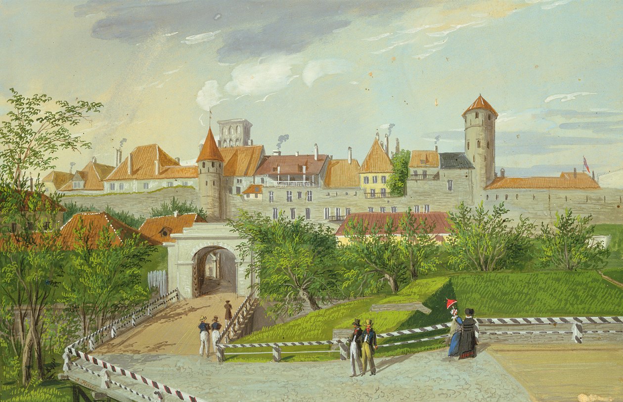 Pohled na Malou pobřežní bránu s věžemi Hattorpe a Stolting, Tallinn, kvaš na kartonu) od Johannes Hau