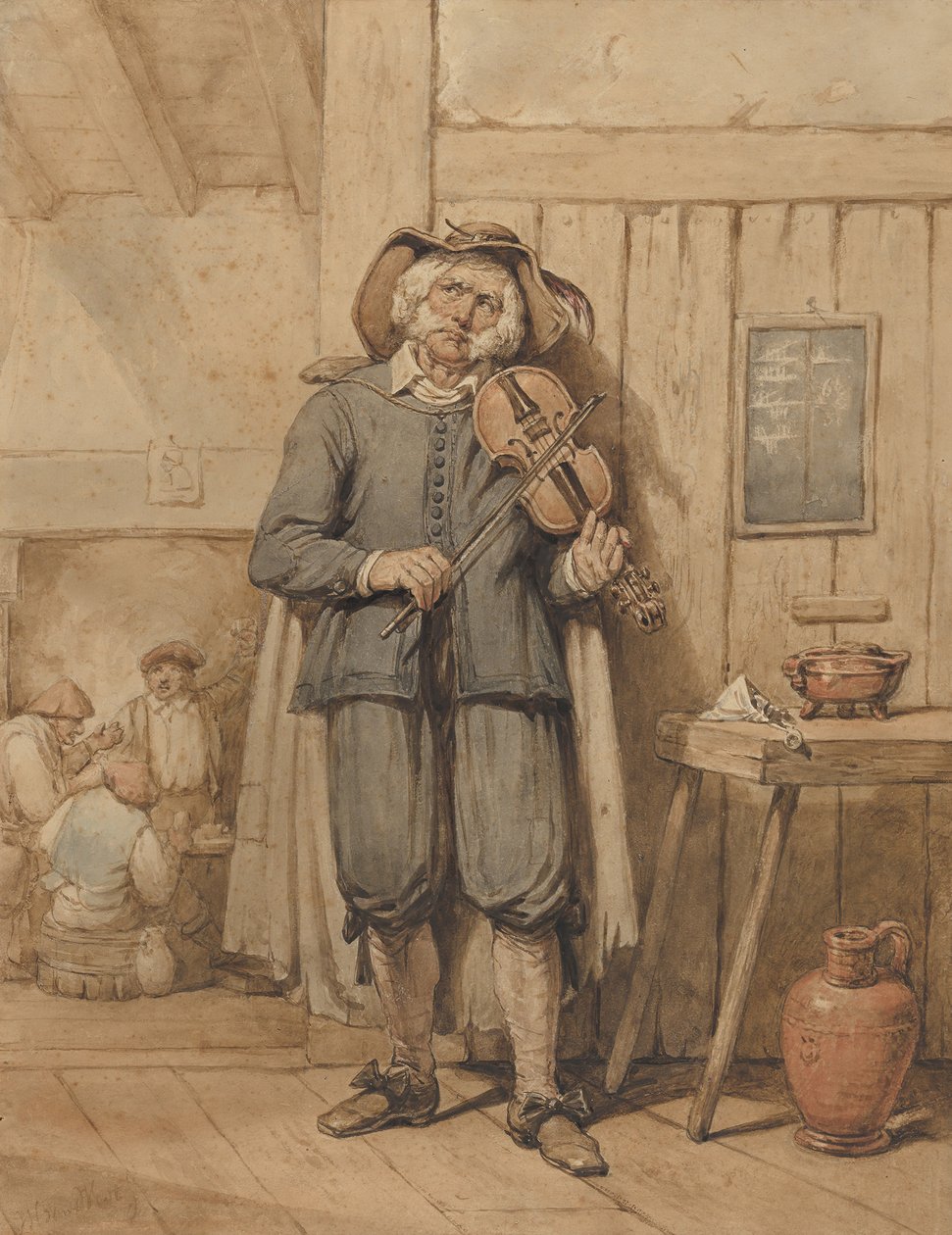Šumař v krčmě se třemi muži v pozadí, polovina 19. století. od Johannes Hendrik van West